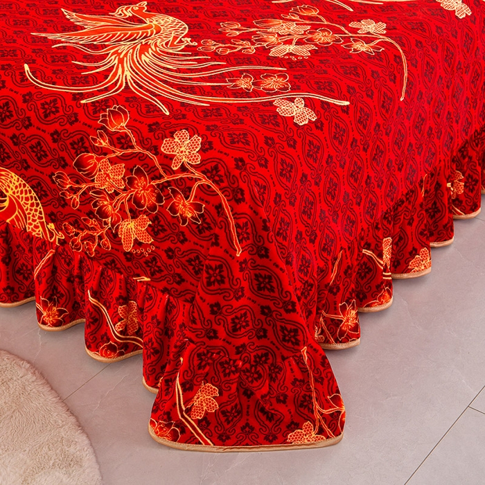 91家纺网 家纺一手货源 找家纺 硕喜 2025新款新8.5斤法莱绒四件套珊瑚牛奶金貂绒四件套床裙款 鸾凤和鸣