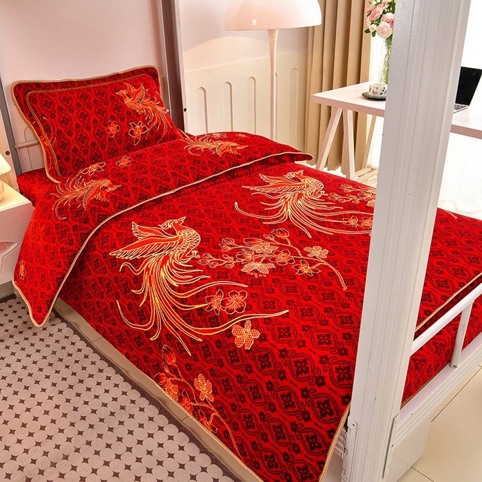 91家纺网 家纺一手货源 找家纺 硕喜 2025新款学生宿舍床系列牛奶绒学生三件套 鸾凤和鸣