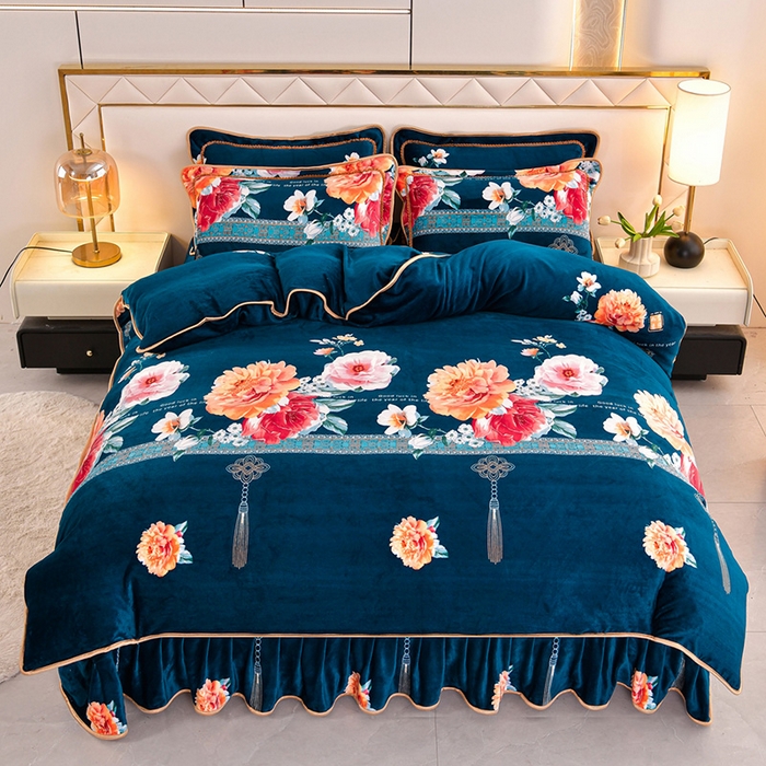 91家纺网 家纺一手货源 找家纺 硕喜 2025新款新8.5斤法莱绒四件套珊瑚牛奶金貂绒四件套床裙款 花开富贵