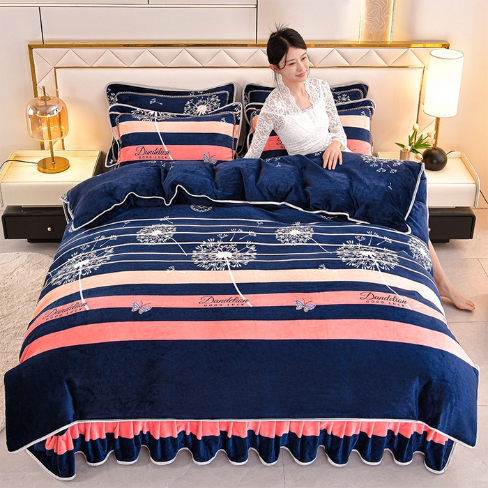 91家纺网 家纺一手货源 找家纺 硕喜 2025新款新8.5斤法莱绒四件套珊瑚牛奶金貂绒四件套床裙款 蒲公英