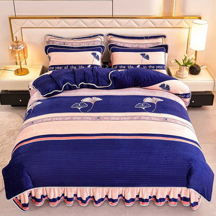 91家纺网 家纺一手货源 找家纺 硕喜 2025新款新8.5斤法莱绒四件套珊瑚牛奶金貂绒四件套床裙款 三生有杏