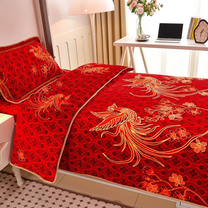 91家纺网 家纺一手货源 找家纺 硕喜 2025新款学生宿舍床系列牛奶绒学生三件套 鸾凤和鸣