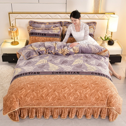 91家纺网 家纺一手货源 找家纺 硕喜 2025新款新8.5斤法莱绒四件套珊瑚牛奶金貂绒四件套床裙款 相思叶语