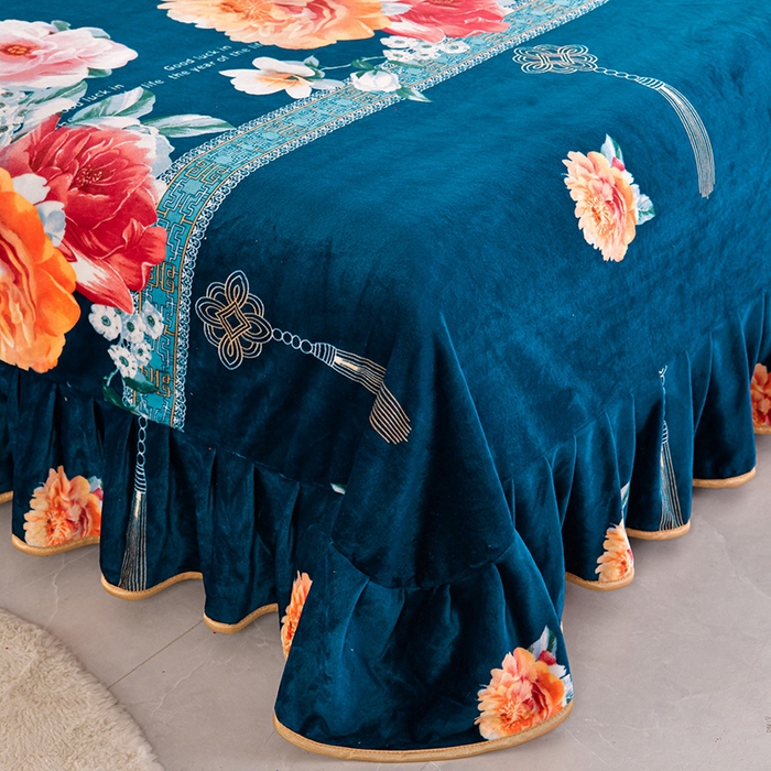 91家纺网 家纺一手货源 找家纺 硕喜 2025新款新8.5斤法莱绒四件套珊瑚牛奶金貂绒四件套床裙款 花开富贵