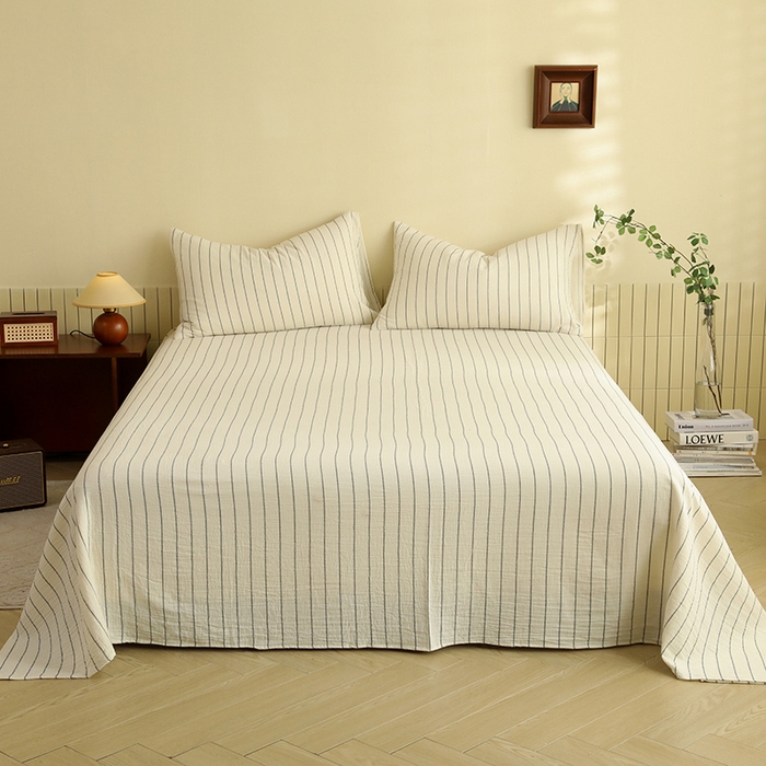 91家纺网 家纺一手货源 找家纺 棉小二 2025新款全棉色织条纹双层纱四件套 条纹白