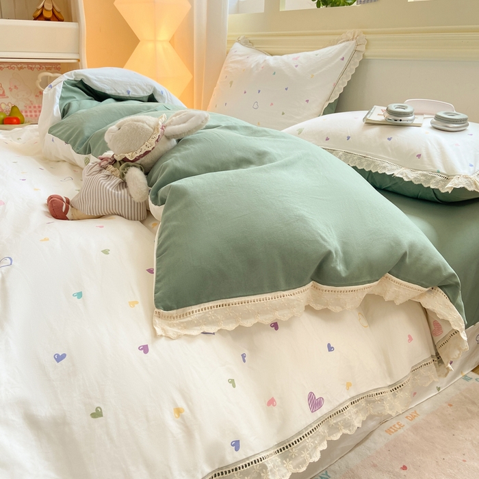 91家纺网 家纺一手货源 找家纺 大麦家纺 25年新款高克重印花水洗棉花边四件套 缤纷爱心