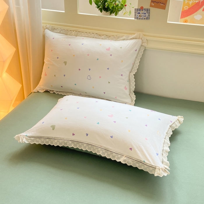 91家纺网 家纺一手货源 找家纺 大麦家纺 25年新款高克重印花水洗棉花边四件套 缤纷爱心