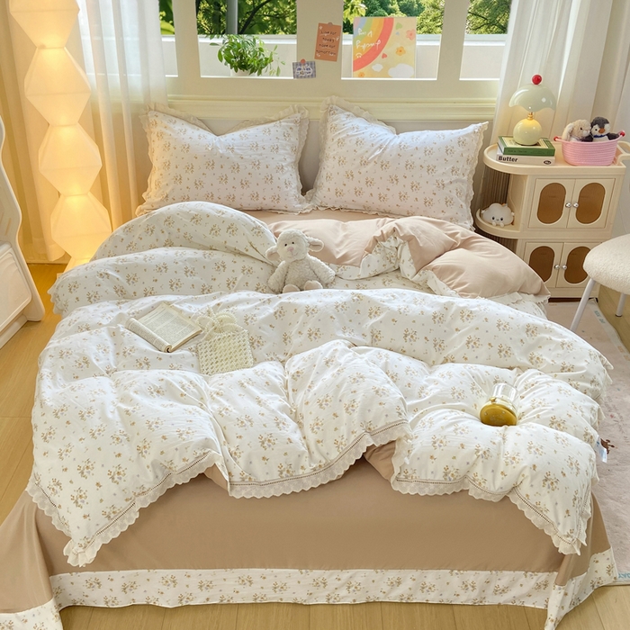 大麦家纺 25年新款高克重印花水洗棉花边四件套 繁花