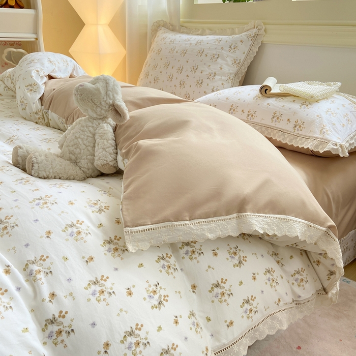 91家纺网 家纺一手货源 找家纺 大麦家纺 25年新款高克重印花水洗棉花边四件套 繁花