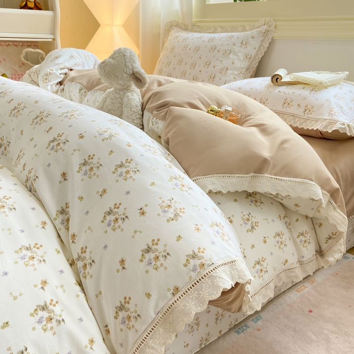 91家纺网 家纺一手货源 找家纺 大麦家纺 25年新款高克重印花水洗棉花边四件套 繁花