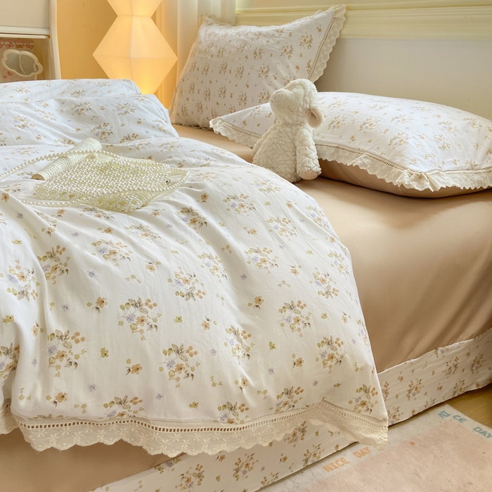 91家纺网 家纺一手货源 找家纺 大麦家纺 25年新款高克重印花水洗棉花边四件套 繁花