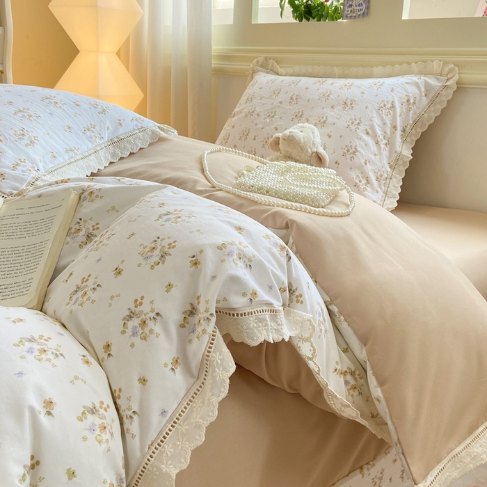 91家纺网 家纺一手货源 找家纺 大麦家纺 25年新款高克重印花水洗棉花边四件套 繁花