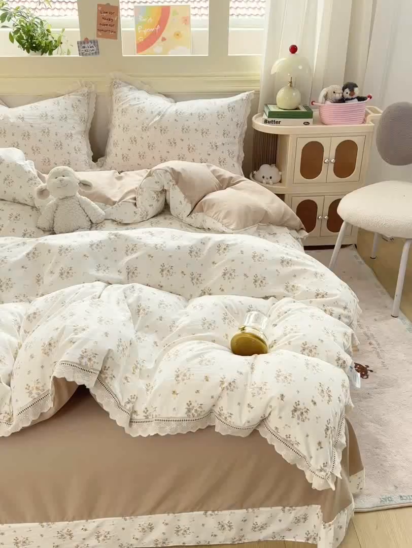 91家纺网 家纺一手货源 找家纺 大麦家纺 25年新款高克重印花水洗棉花边四件套 繁花