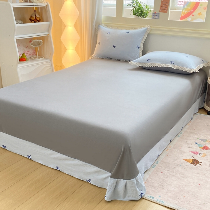 91家纺网 家纺一手货源 找家纺 大麦家纺 25年新款高克重印花水洗棉花边四件套 蝴蝶结