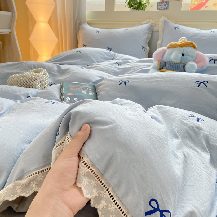 91家纺网 家纺一手货源 找家纺 大麦家纺 25年新款高克重印花水洗棉花边四件套 蝴蝶结