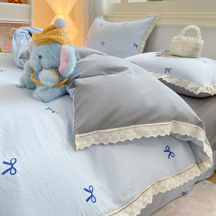 91家纺网 家纺一手货源 找家纺 大麦家纺 25年新款高克重印花水洗棉花边四件套 蝴蝶结