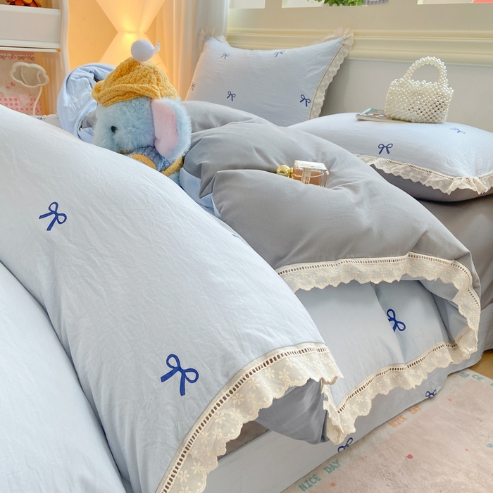 91家纺网 家纺一手货源 找家纺 大麦家纺 25年新款高克重印花水洗棉花边四件套 蝴蝶结