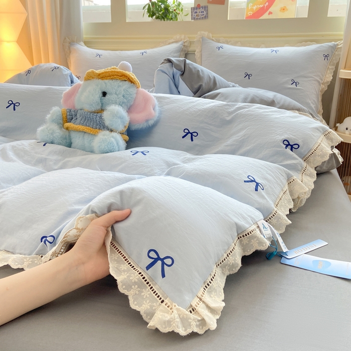 91家纺网 家纺一手货源 找家纺 大麦家纺 25年新款高克重印花水洗棉花边四件套 蝴蝶结