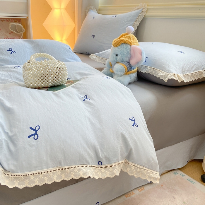 91家纺网 家纺一手货源 找家纺 大麦家纺 25年新款高克重印花水洗棉花边四件套 蝴蝶结