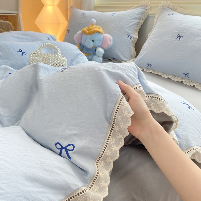 91家纺网 家纺一手货源 找家纺 大麦家纺 25年新款高克重印花水洗棉花边四件套 蝴蝶结