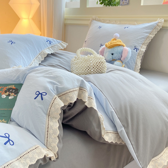 91家纺网 家纺一手货源 找家纺 大麦家纺 25年新款高克重印花水洗棉花边四件套 蝴蝶结