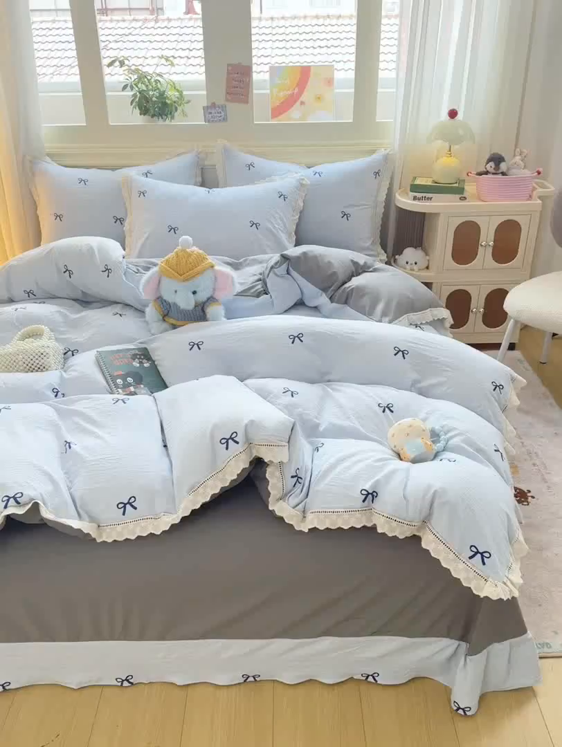 91家纺网 家纺一手货源 找家纺 大麦家纺 25年新款高克重印花水洗棉花边四件套 蝴蝶结