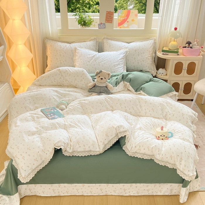 大麦家纺 25年新款高克重印花水洗棉花边四件套 花影