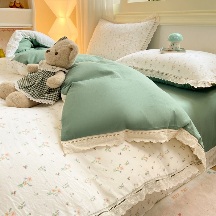 91家纺网 家纺一手货源 找家纺 大麦家纺 25年新款高克重印花水洗棉花边四件套 花影