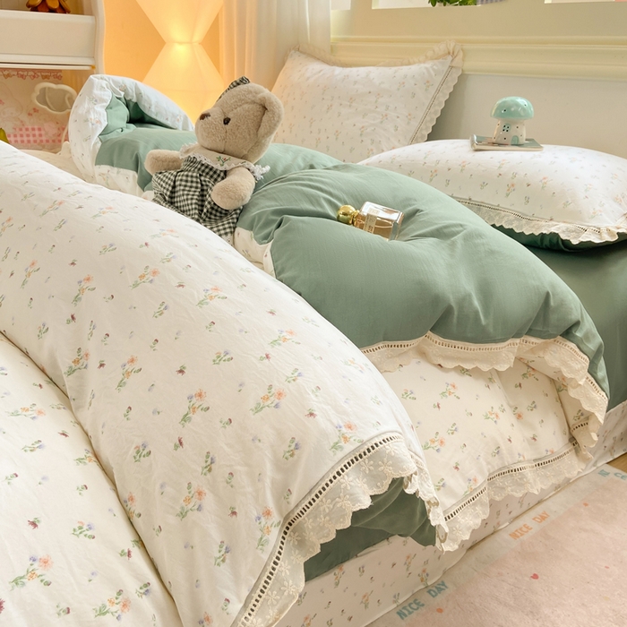 91家纺网 家纺一手货源 找家纺 大麦家纺 25年新款高克重印花水洗棉花边四件套 花影