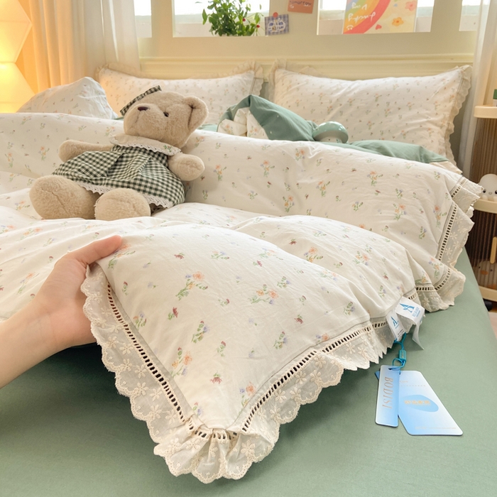 91家纺网 家纺一手货源 找家纺 大麦家纺 25年新款高克重印花水洗棉花边四件套 花影