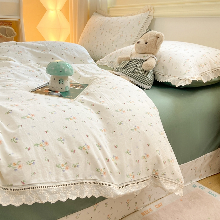 91家纺网 家纺一手货源 找家纺 大麦家纺 25年新款高克重印花水洗棉花边四件套 花影