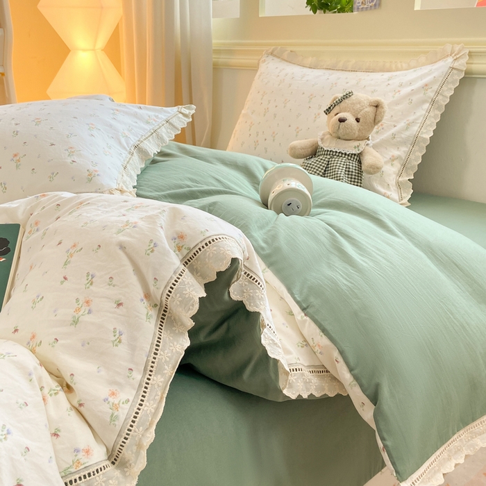 91家纺网 家纺一手货源 找家纺 大麦家纺 25年新款高克重印花水洗棉花边四件套 花影