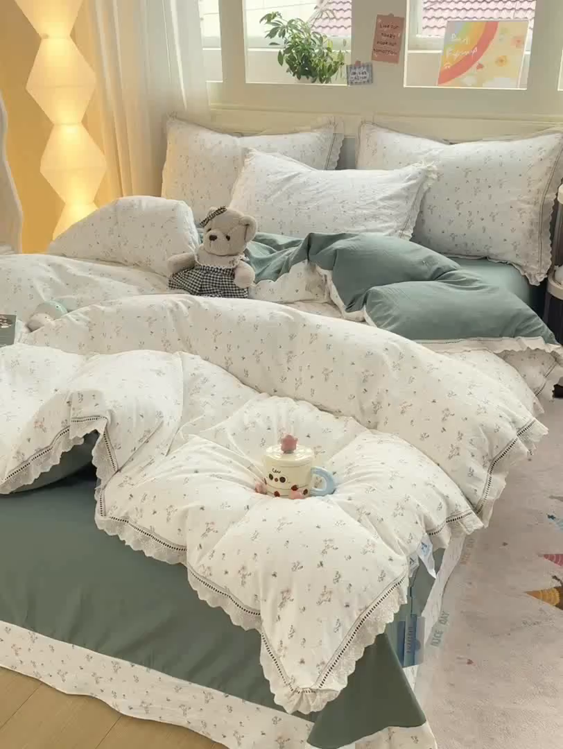 91家纺网 家纺一手货源 找家纺 大麦家纺 25年新款高克重印花水洗棉花边四件套 花影