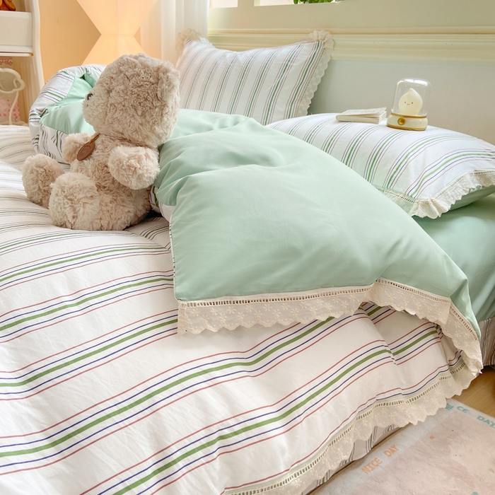 91家纺网 家纺一手货源 找家纺 大麦家纺 25年新款高克重印花水洗棉花边四件套 简希线条