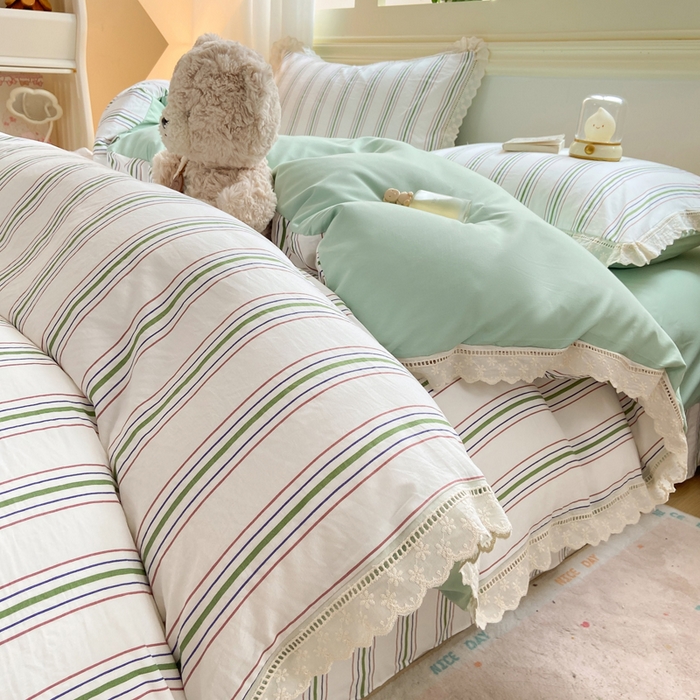 91家纺网 家纺一手货源 找家纺 大麦家纺 25年新款高克重印花水洗棉花边四件套 简希线条