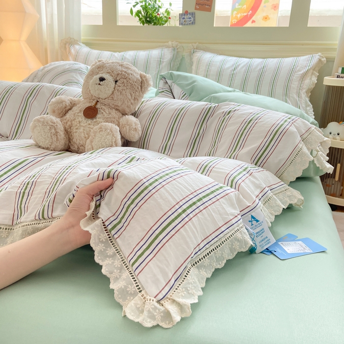 91家纺网 家纺一手货源 找家纺 大麦家纺 25年新款高克重印花水洗棉花边四件套 简希线条