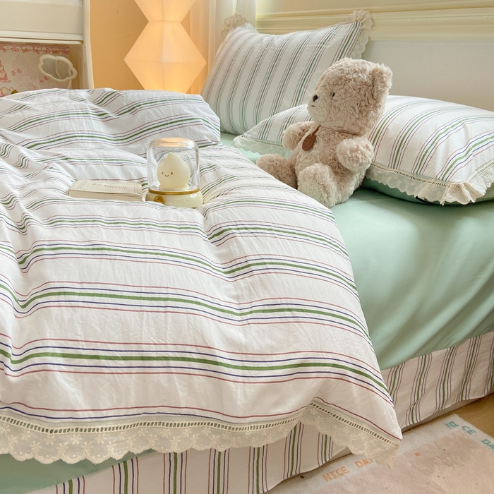 91家纺网 家纺一手货源 找家纺 大麦家纺 25年新款高克重印花水洗棉花边四件套 简希线条