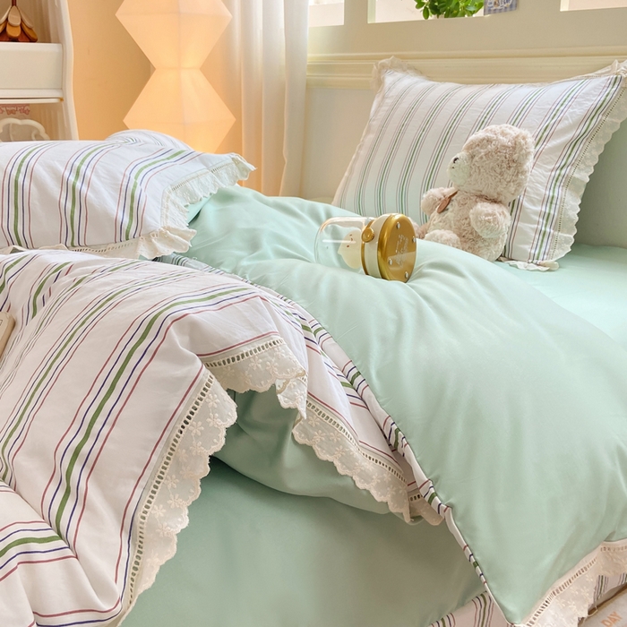 91家纺网 家纺一手货源 找家纺 大麦家纺 25年新款高克重印花水洗棉花边四件套 简希线条