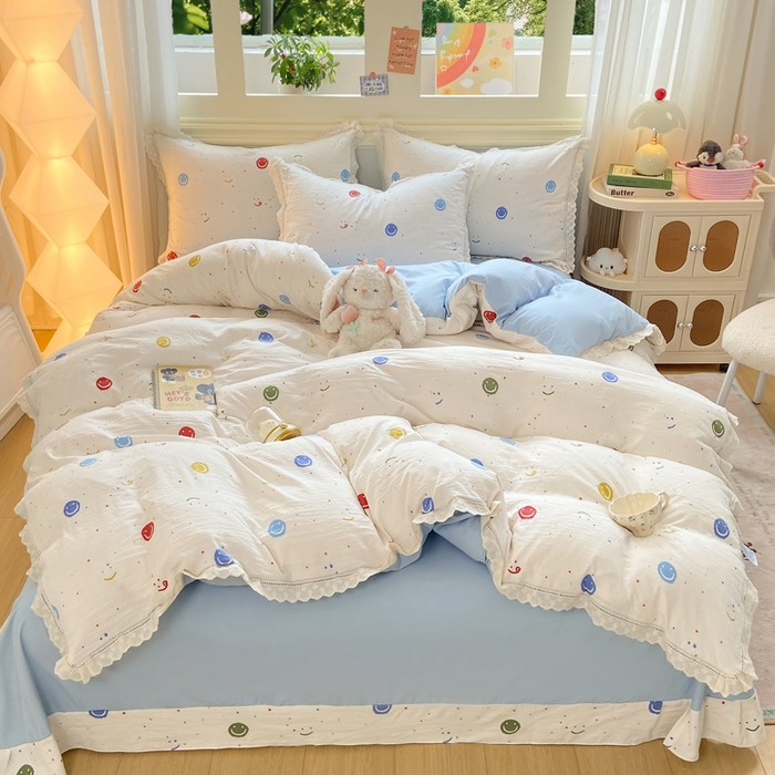 大麦家纺 25年新款高克重印花水洗棉花边四件套 开心笑脸