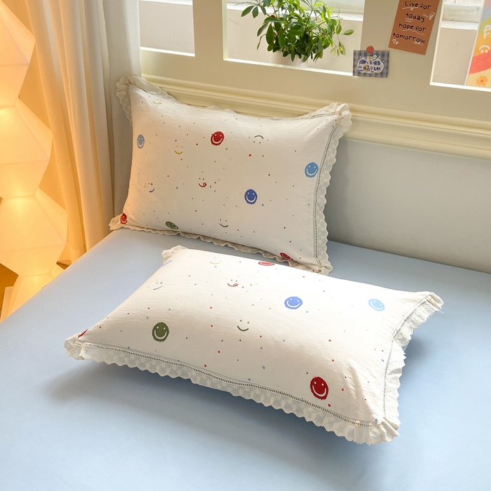 91家纺网 家纺一手货源 找家纺 大麦家纺 25年新款高克重印花水洗棉花边四件套 开心笑脸