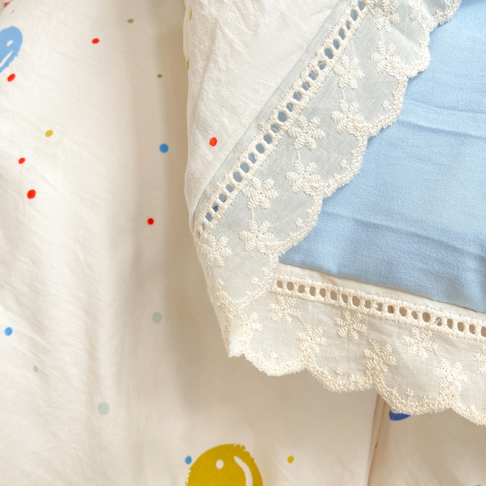 91家纺网 家纺一手货源 找家纺 大麦家纺 25年新款高克重印花水洗棉花边四件套 开心笑脸