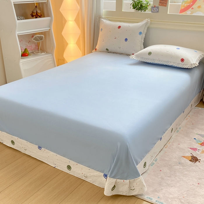 91家纺网 家纺一手货源 找家纺 大麦家纺 25年新款高克重印花水洗棉花边四件套 开心笑脸