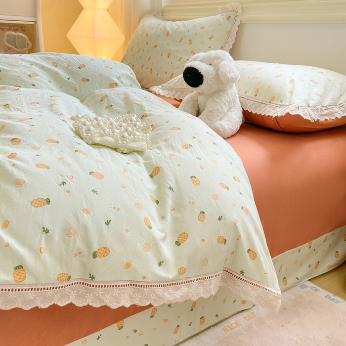 91家纺网 家纺一手货源 找家纺 大麦家纺 25年新款高克重印花水洗棉花边四件套 清新菠萝