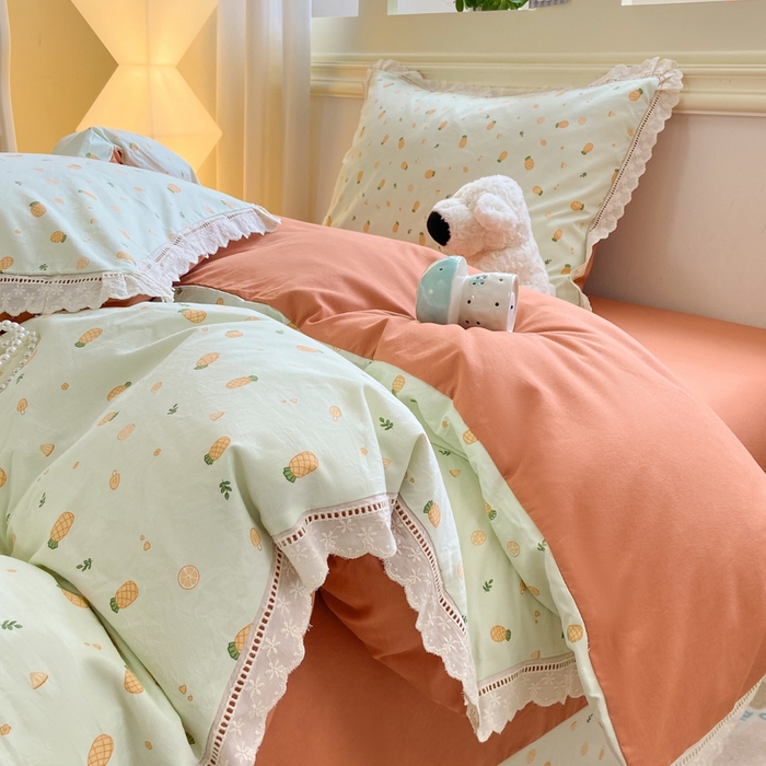 91家纺网 家纺一手货源 找家纺 大麦家纺 25年新款高克重印花水洗棉花边四件套 清新菠萝