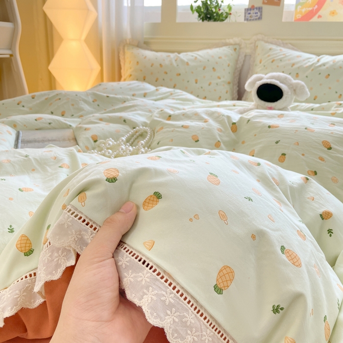 91家纺网 家纺一手货源 找家纺 大麦家纺 25年新款高克重印花水洗棉花边四件套 清新菠萝