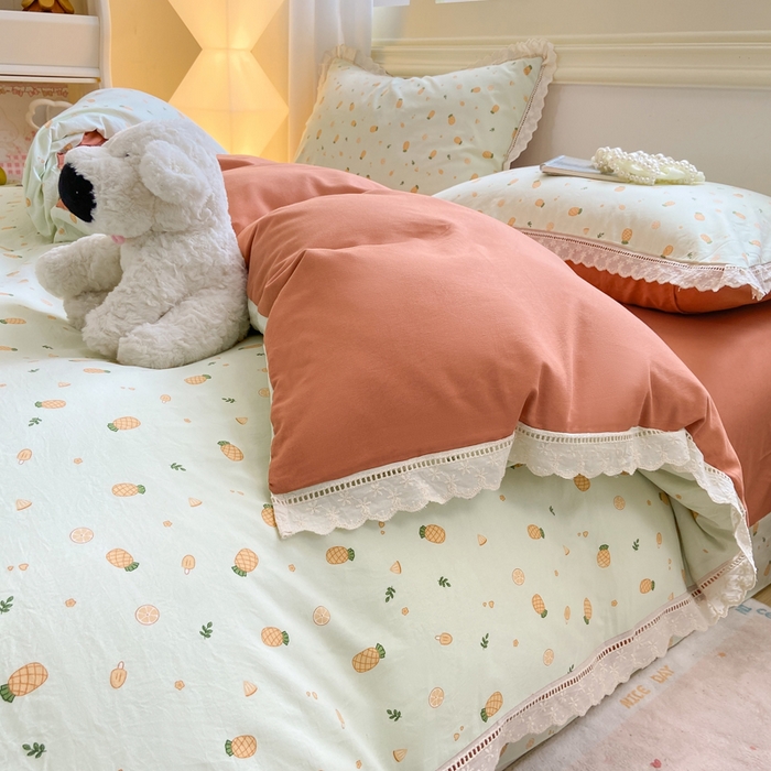 91家纺网 家纺一手货源 找家纺 大麦家纺 25年新款高克重印花水洗棉花边四件套 清新菠萝