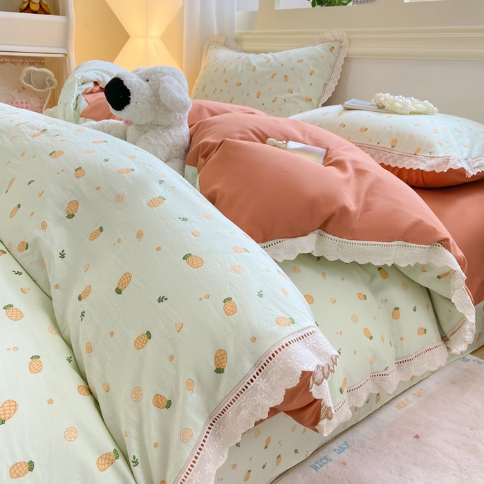 91家纺网 家纺一手货源 找家纺 大麦家纺 25年新款高克重印花水洗棉花边四件套 清新菠萝