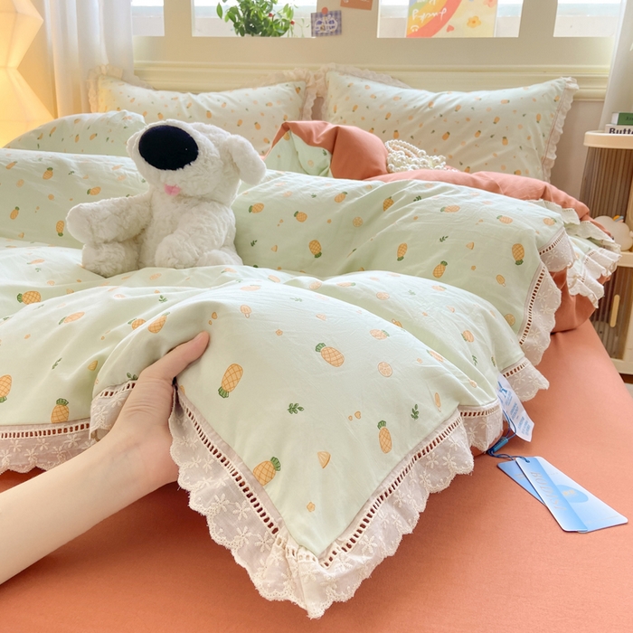 91家纺网 家纺一手货源 找家纺 大麦家纺 25年新款高克重印花水洗棉花边四件套 清新菠萝