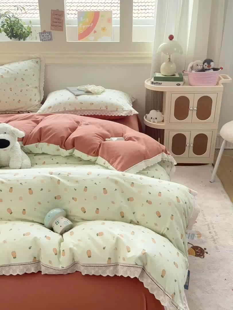 91家纺网 家纺一手货源 找家纺 大麦家纺 25年新款高克重印花水洗棉花边四件套 清新菠萝