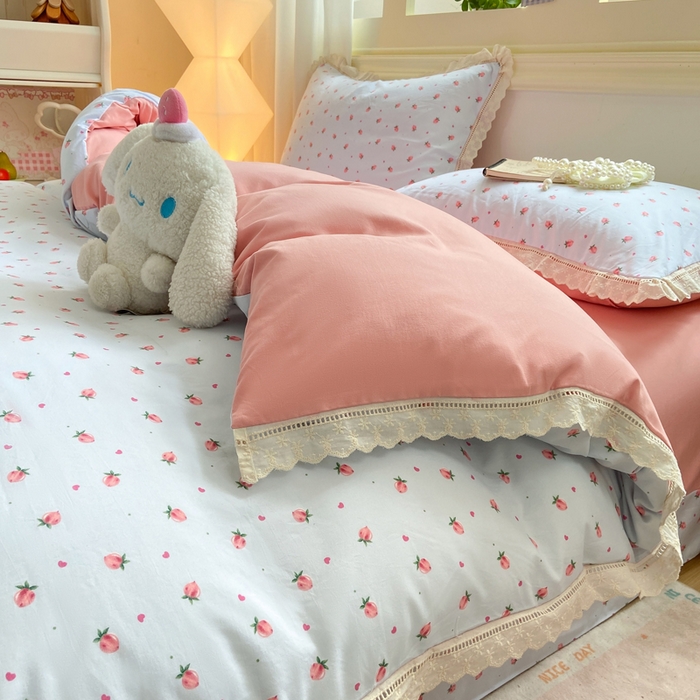 91家纺网 家纺一手货源 找家纺 大麦家纺 25年新款高克重印花水洗棉花边四件套 水蜜桃